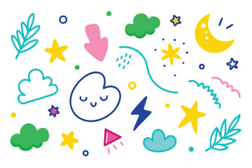 Naklejka premium Playful Doodle Collection Featuring Clouds, Stars, Moon, Lightning, and Abstract Shapes on White
