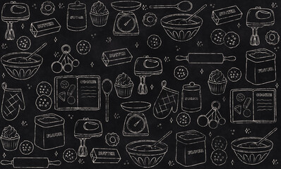 Dark background with grainy texture with drawn baking ingredients. Suitable for baking theme design, pastry shop menu, cooking lessons. Home bakery background