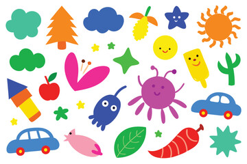 Playful Featuring Colorful Clouds, Cars, Sun, and Cartoon Illustrations on White