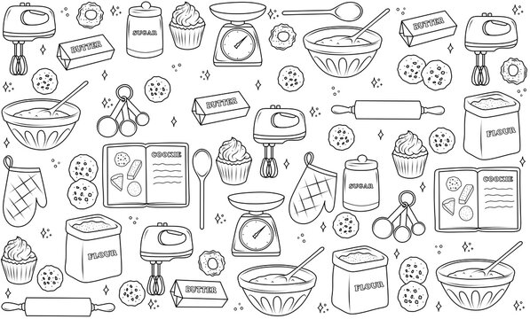 Background with drawn accessories and ingredients for baking: mixer, bowls, scales, sugar, flour, butter, cookies, cupcakes. Suitable for baking theme design, pastry shop menu, cooking lessons.