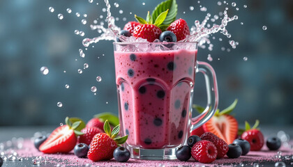 Berry smoothie with splashing water, healthy refreshment, for blog with space for text