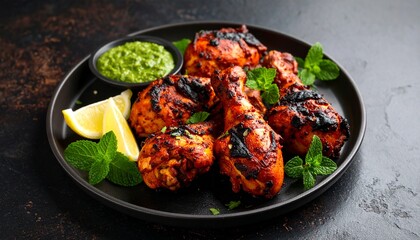 Char Grilled Tandoori Chicken Legs with Lemon and Green Chutney