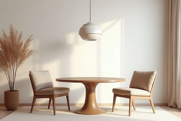 A table with four chairs around it and a lamp hanging above it. The room is empty and has a clean, minimalist look