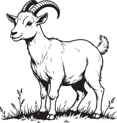 Goat in field: A monochrome illustration of a goat standing in the tall grass, captured in a simple, minimalistic style, suitable for design purposes.