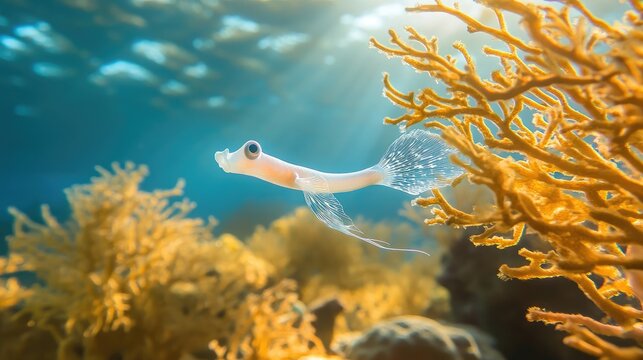 Ghost pipefish hovering vertically among bright coral branches, its body shape and coloration mirroring the sunlit marine growth