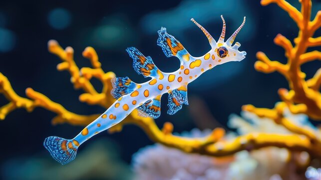 Ghost pipefish hovering vertically among bright coral branches, its body shape and coloration mirroring the sunlit marine growth