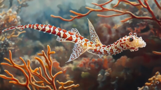 Ghost pipefish hovering vertically among bright coral branches, its body shape and coloration mirroring the sunlit marine growth