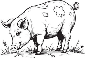 Fototapeta premium Pig in Pasture: A charming illustration of a piglet enjoying the fresh grass in a pasture. The piglet is depicted in a simple, charming style.