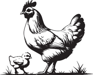 Mother Hen and Chick: A detailed monochrome illustration captures a nurturing hen with her adorable chick, embodying the bond of family and the simplicity of rural life.