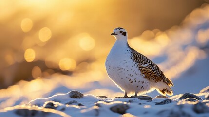 Rock ptarmigan standing on a sunlit patch of snow and gravel, its seasonal plumage blending with both textures