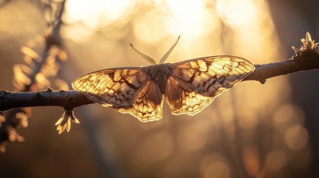 Buff-tip moth perched on a sunlit birch branch, its wings resembling broken twigs under warm daylight 