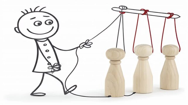 Animated Stickman Figure Controlling Wooden Pawns with Strings On White Background Perfect for Business Strategy Concept