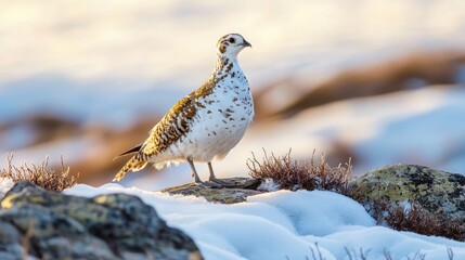 Rock ptarmigan standing on a sunlit patch of snow and gravel, its seasonal plumage blending with both textures 