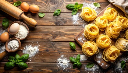 Fresh Tagliatelle Pasta with Flour Eggs and Basil on Rustic Wooden Table