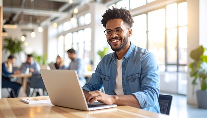 Young Man Using Laptop in Modern Coworking Office with Natural Light