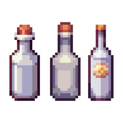 Pixel Art Potion Bottles Collection, Fantasy Game Assets, Set of three distinct pixel art glass bottles in a classic retro video game style. 