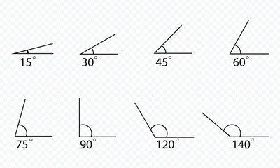 Angle collection. Mathematic 30, 45, 60, 90, 120, 135 corners degree set. Vector isolated on white .   EPS 10 . 