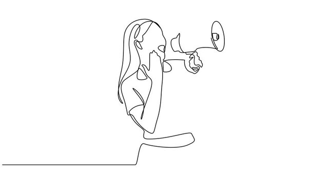 Animated self drawing of continuous line draw businesswoman holding megaphone, Single continuous line drawing of young woman shouting loudly using megaphone. Full length single line animation.