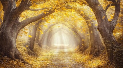 narrow woodland path lined with trees full of golden-yellow autumn leaves,