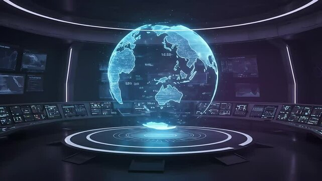 Futuristic Holographic Earth Interface in High-Tech Virtual Control Room - Powered by Adobe