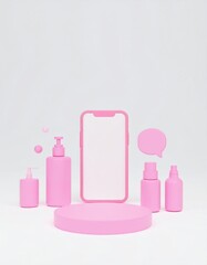 Pink Beauty Products Mockup with Smartphone, and 3D Render.