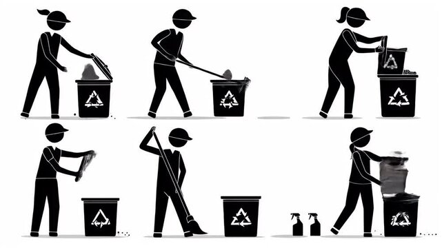 Black Stick Figure Set Illustrating Cleaning and Waste Management Activities on White Background