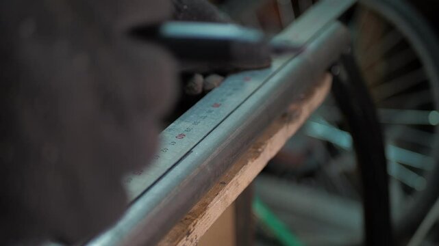 Workshop. A worker uses a steel ruler to draw a line on a pipe lying on a workbench.