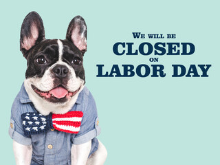 Signboard with the inscription We will be closed on Labor Day. Cute puppy. Closeup. Studio shot....