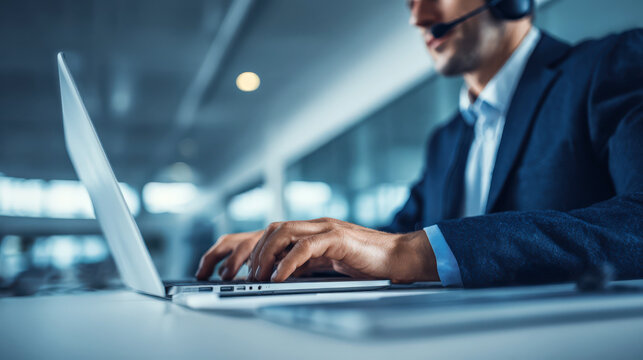 Anonymous male call-center operator in navy suit typing on laptop