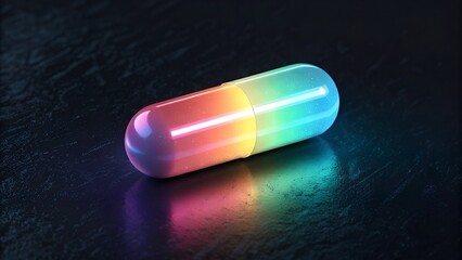  footage of 3D render of colorful glowing capsule pill on dark background.