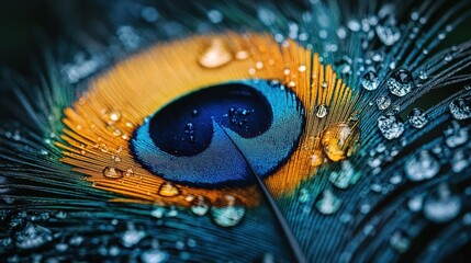 Detailed peacock feather with water droplets