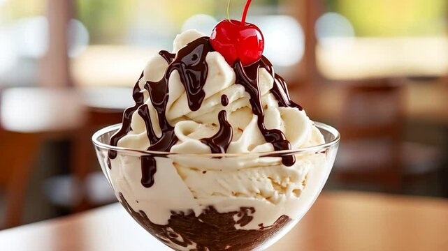 Vanilla ice cream sundae with chocolate sauce and cherry