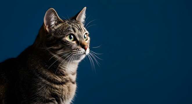 Cat, Tabby cat, Feline, Curious Tabby Cat Portrait Against a Dark Blue Background