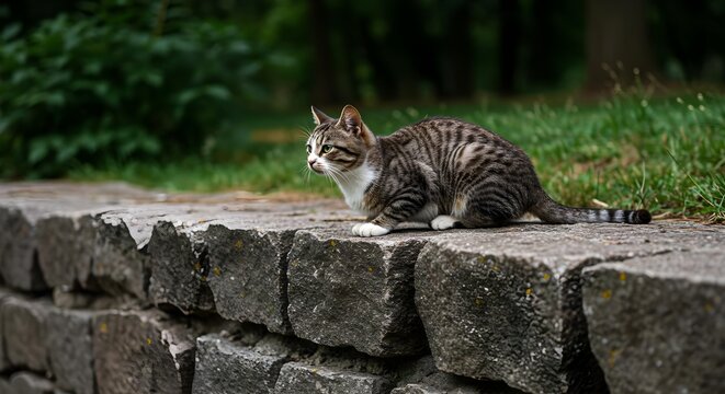 Cat, Tabby cat, Tabby, Tabby Cat Sitting on a Stone Wall in a Park