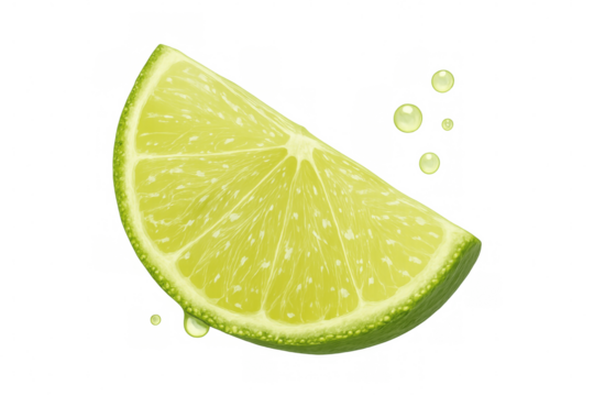 Juicy lime wedge with splashing drops, isolated on transparent background, perfect for refreshing visuals