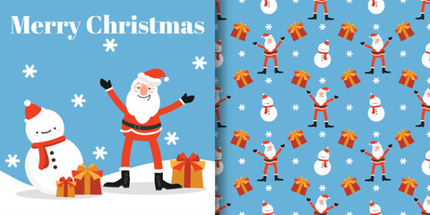 Christmas holiday banner and seamless pattern of Santa Claus holding gift boxes with snowman and Merry Christmas text on light blue background with snowflakes.