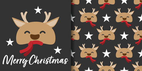 Christmas holidays banner with Merry Christmas text and seamless pattern of cute reindeer wearing red scarf with star on black background. Vector illustration for winter holidays.
