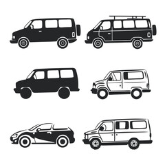 Six Black and White Van and Car Silhouettes vector