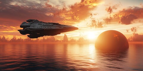 Epic Sunset Spaceship Over Alien Cityscape  Dramatic SciFi Artwork