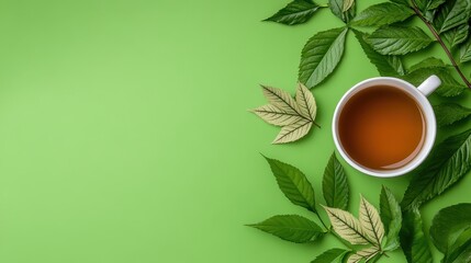Refreshing Cup of Tea with Green Leaves on Green Background