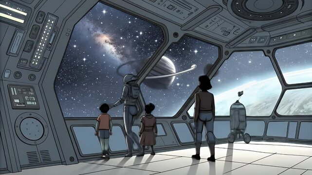 Cartoon of Children Android And Robot Staring at Galaxy from Spaceship Cockpit With Retro Interior