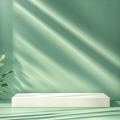 Empty product podium mockup for advertising card template presentation on green wall background with lights and shadows, studio setting display