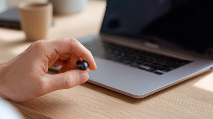 Fototapeta premium A person holding a small black earbud near a laptop. Close up of a hand holding a tiny wireless earbud next to a laptop computer on a wooden desk. Focus on the earbud and hand. Shallow depth of field.