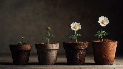 A series of flowers in pots illustrate stages of growth. The composition of the image emphasizes the cycle of life and progression.