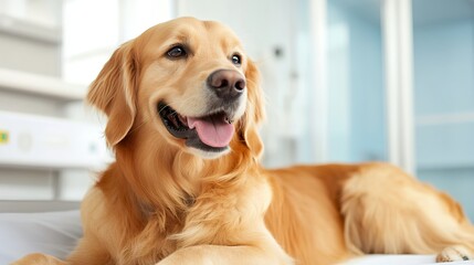 Golden retriever puppy looking up sitting happy cute dog isolated portrait