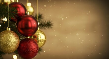 Fototapeta premium Christmas, Ornaments, Baubles, Red and Gold Christmas Ornaments on a Branch