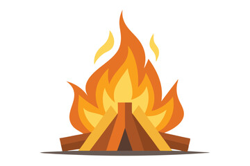 Stylized Bonfire Illustration Wood Log Fire with Yellow Flames on Isolated White Background