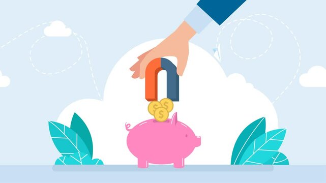 Monetary policy to control inflation, stimulating deposit to reduce money supply, financial measures concept. Businessman uses a magnet to suck money from a piggy bank. 2d flat animation	