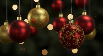 Christmas, Ornament, Ornaments, Red and Gold Christmas Ornaments Hanging on a Christmas Tree