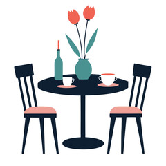 Stylized Dining Setup Round Table, Two Chairs, Tulips, Drinks, Flat